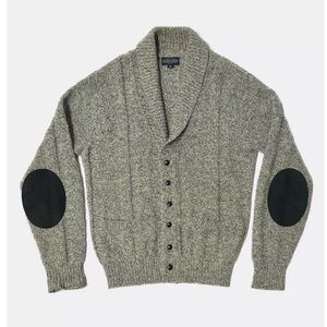 Lands End Mens Vintage Wool Cardigan Sweater XL Suede Elbow Fisherman Grandpa